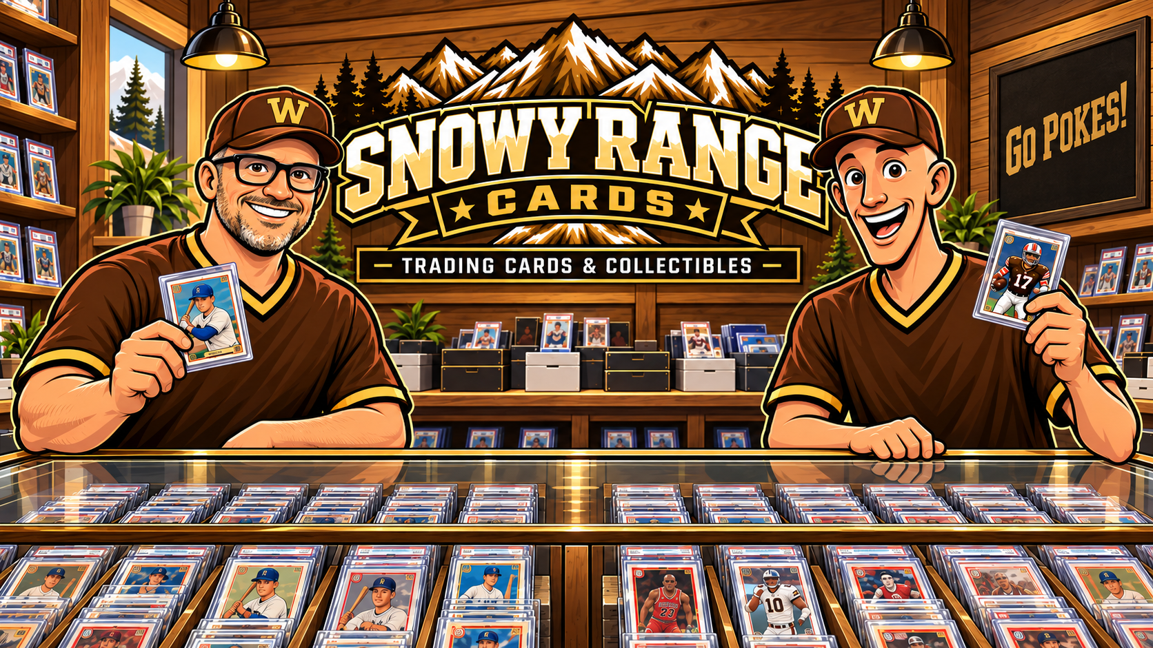 SlimTwiggy and PDizzle behind a trading card counter in the Snowy Range Cards illustrated shop